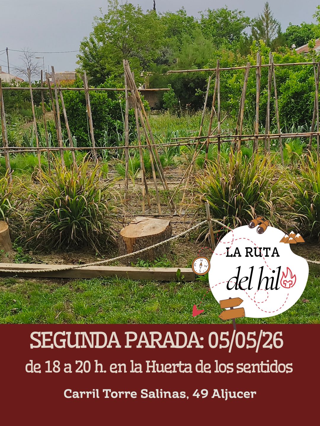 Cartel de La Ruta del Hilo en La Huerta de los Sentidos, el 5 de mayo de 2026.