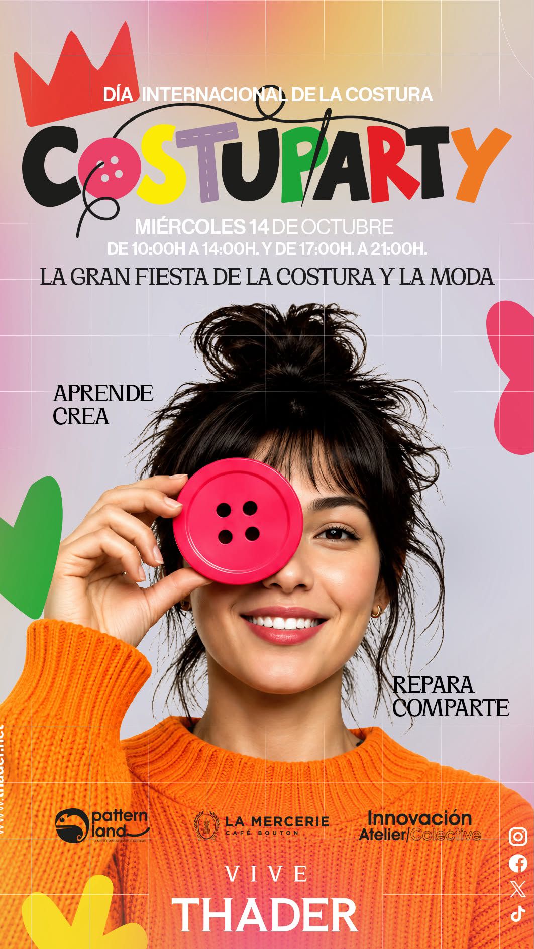 Cartel de Costuparty en CC Thader, miércoles 14 de octubre de 2026, de 10:00 a 14:00 y de 17:00 a 21:00.